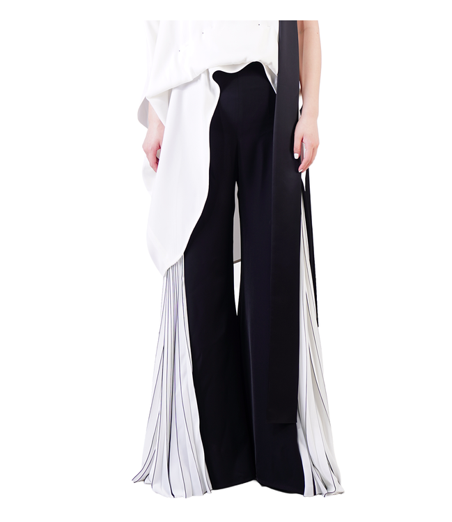 Monochrome Pleated Panel Wide-Leg Trousers / 3052003