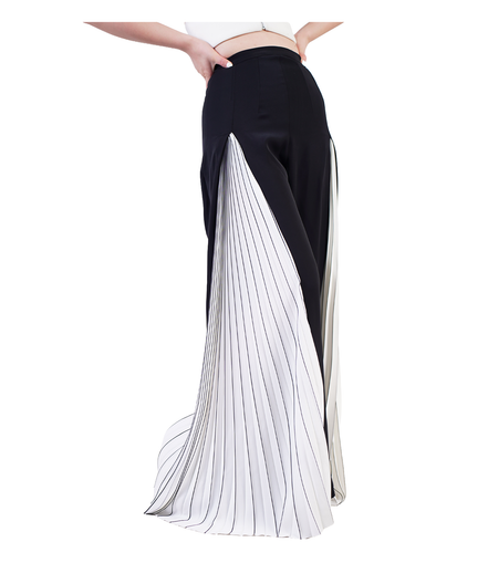 Monochrome Pleated Panel Wide-Leg Trousers / 3052003