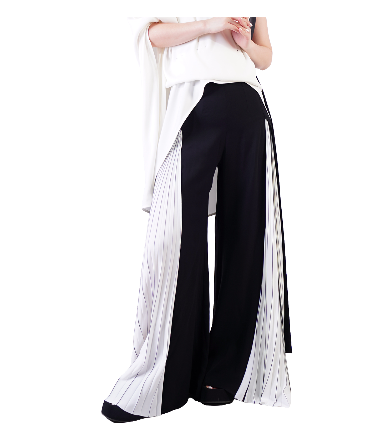 Monochrome Pleated Panel Wide-Leg Trousers / 3052003