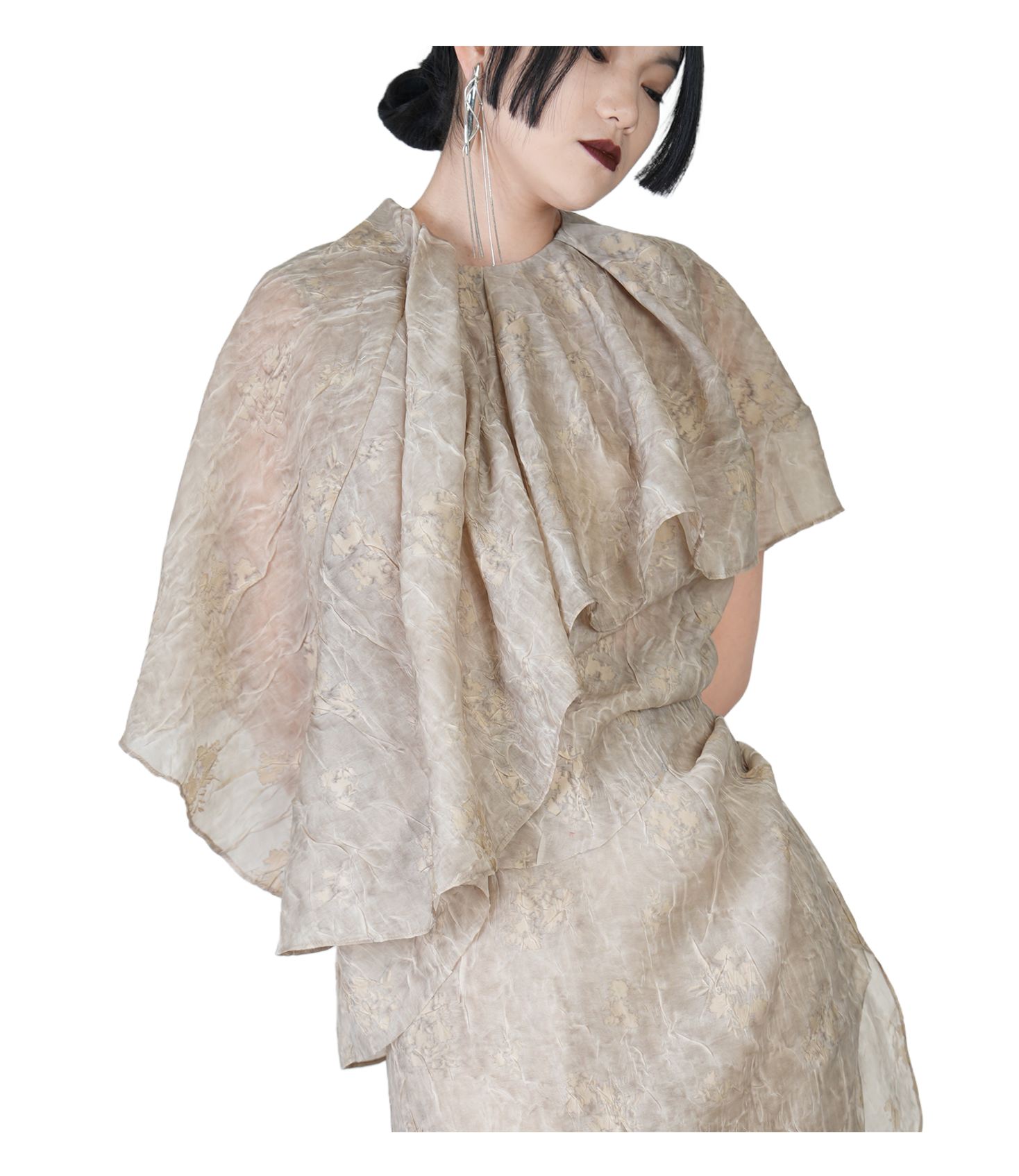 Champagne Jacquard Draped Cape Top / 4041301