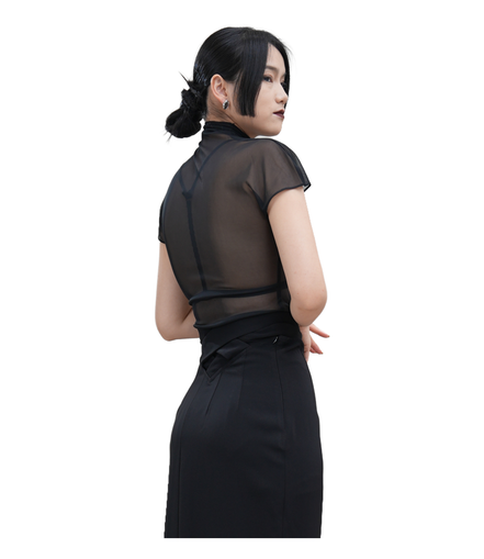 Sheer Mesh Turtleneck Flutter-Sleeve Top / 4042408