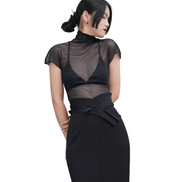 Sheer Mesh Turtleneck Flutter-Sleeve Top / 4042408