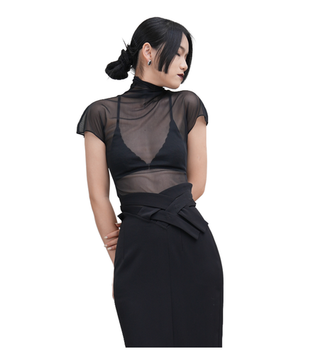 Sheer Mesh Turtleneck Flutter-Sleeve Top / 4042408