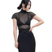 Sheer Mesh Turtleneck Flutter-Sleeve Top / 4042408