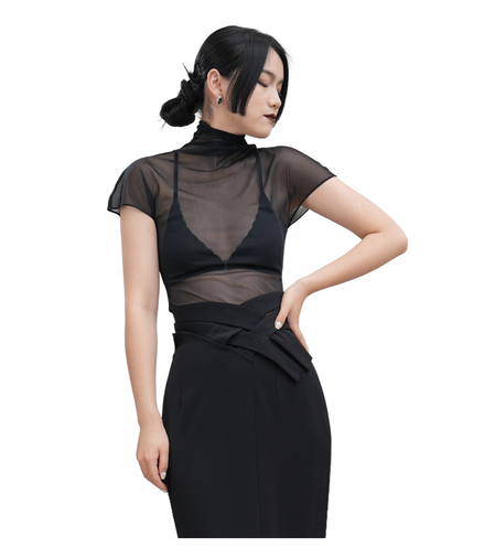 Sheer Mesh Turtleneck Flutter-Sleeve Top / 4042408