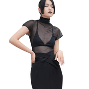 Sheer Mesh Turtleneck Flutter-Sleeve Top / 4042408