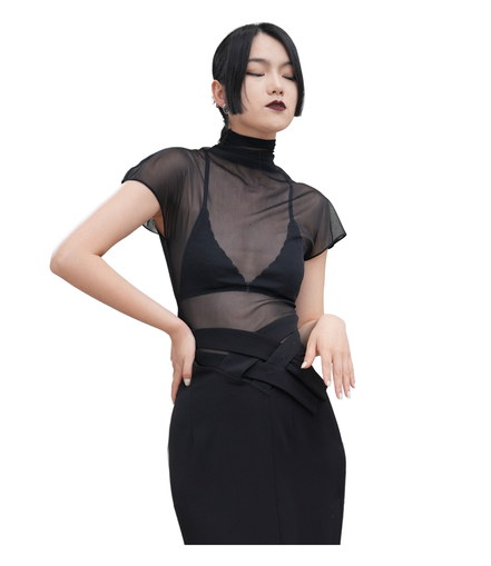 Sheer Mesh Turtleneck Flutter-Sleeve Top / 4042408