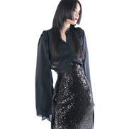 Sheer Chiffon Oversized Flare-Sleeve Blouse / 4071701