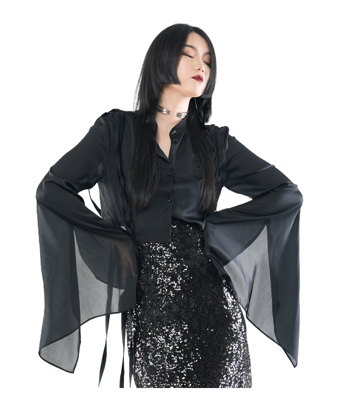 Sheer Chiffon Oversized Flare-Sleeve Blouse / 4071701