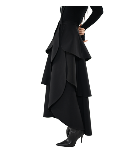 Tiered Scallop-Layer Asymmetric Maxi Skirt / 4121401