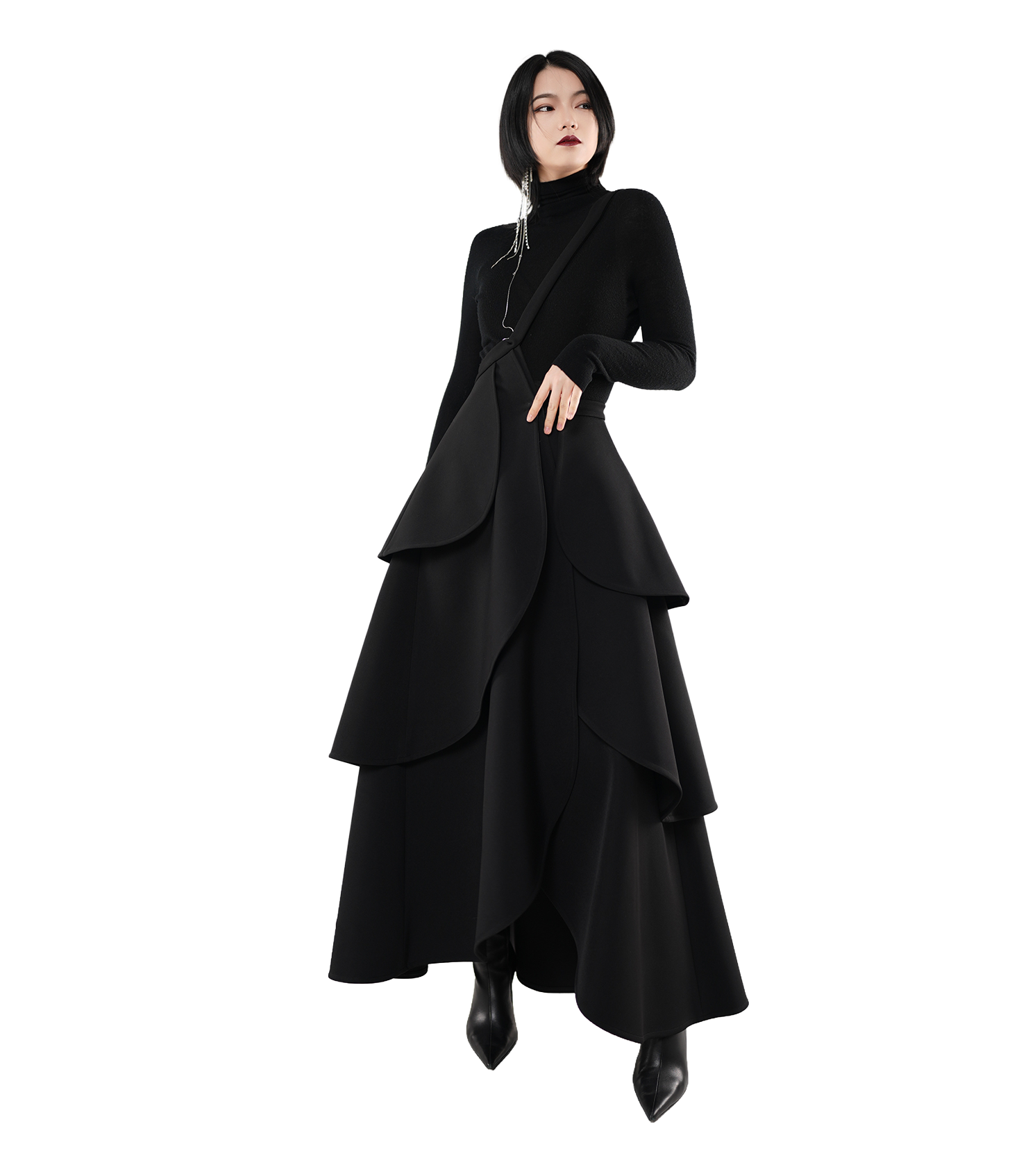 Tiered Scallop-Layer Asymmetric Maxi Skirt / 4121401