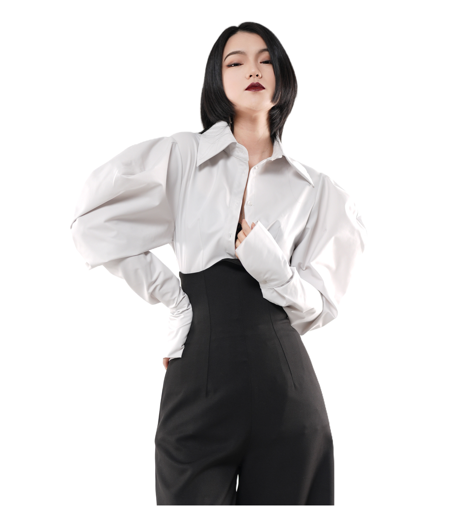 Sculpture Puff-Sleeve Satin Cropped Shirt / 5010403