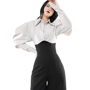 Sculpture Puff-Sleeve Satin Cropped Shirt / 5010403
