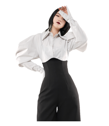 Sculpture Puff-Sleeve Satin Cropped Shirt / 5010403