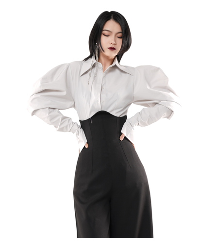 Sculpture Puff-Sleeve Satin Cropped Shirt / 5010403