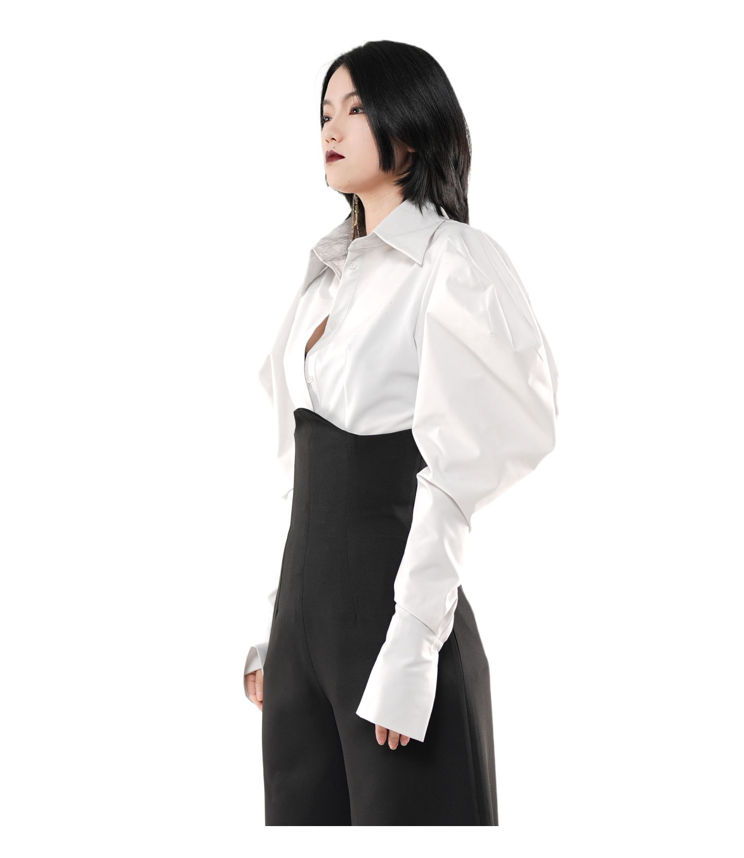 Sculpture Puff-Sleeve Satin Cropped Shirt / 5010403