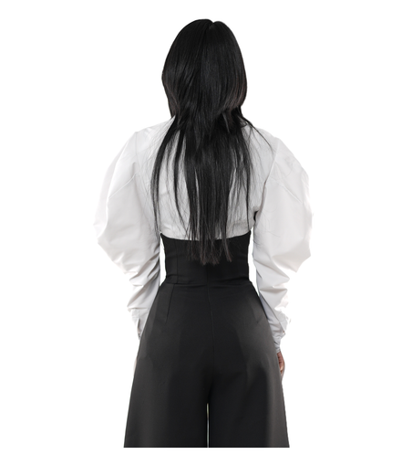 Sculpture Puff-Sleeve Satin Cropped Shirt / 5010403