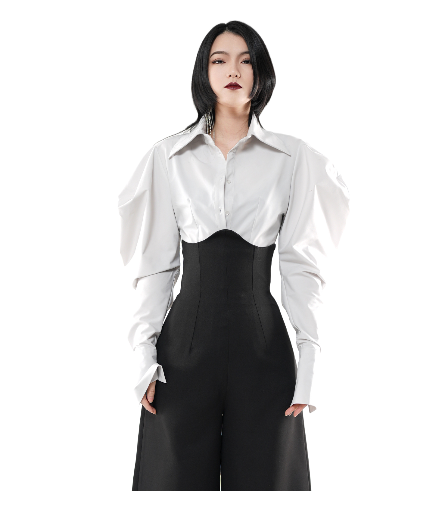 Sculpture Puff-Sleeve Satin Cropped Shirt / 5010403