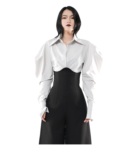 Sculpture Puff-Sleeve Satin Cropped Shirt / 5010403