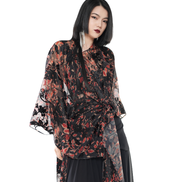 Dark Floral Sheer Organza Kimono Wrap Top / 5042309