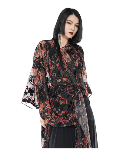 Dark Floral Sheer Organza Kimono Wrap Top / 5042309