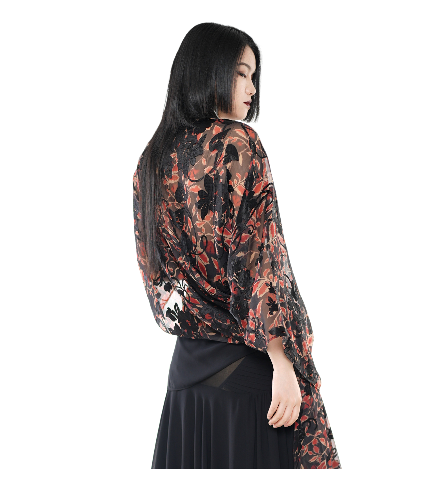 Dark Floral Sheer Organza Kimono Wrap Top / 5042309
