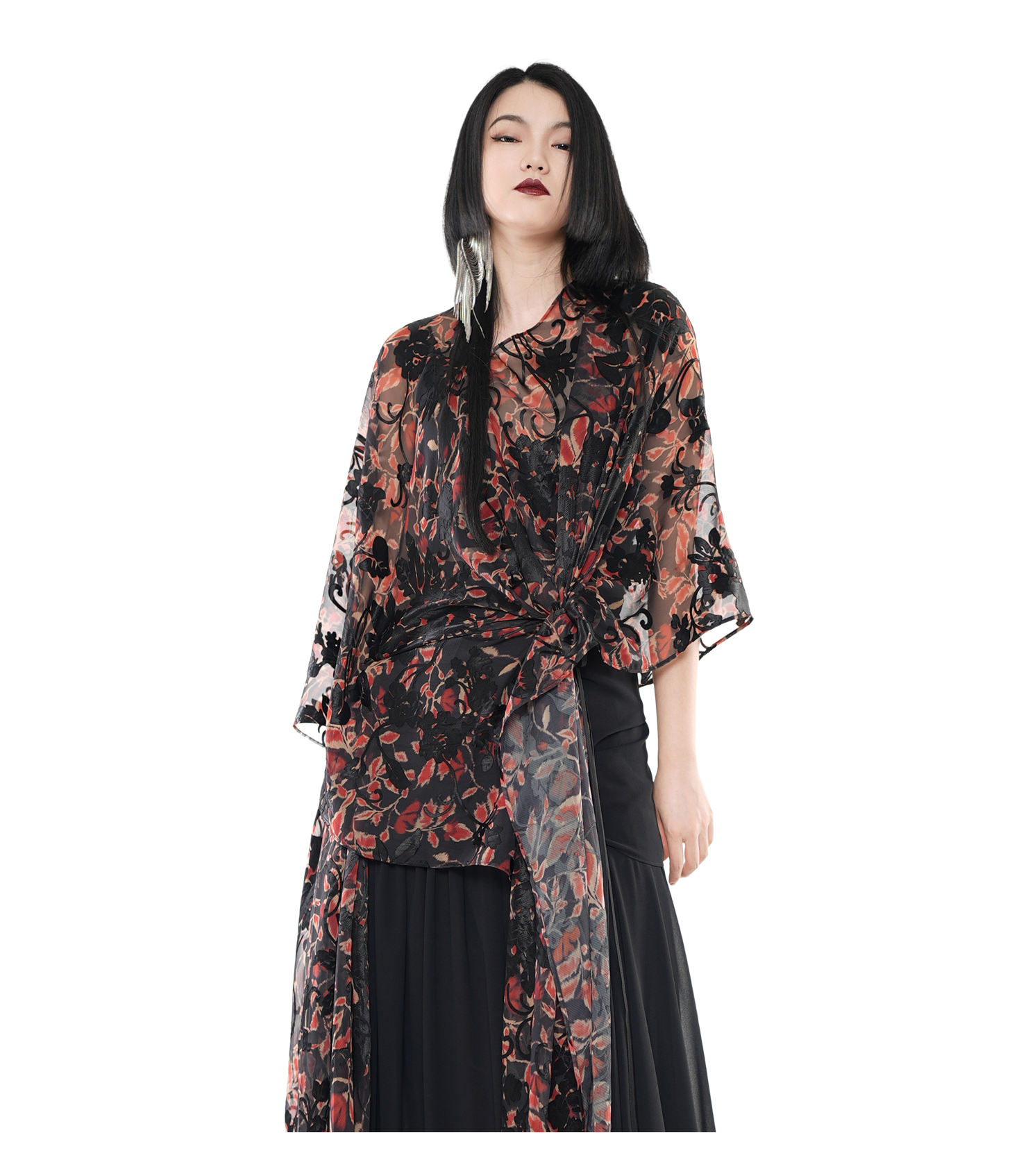 Dark Floral Sheer Organza Kimono Wrap Top / 5042309