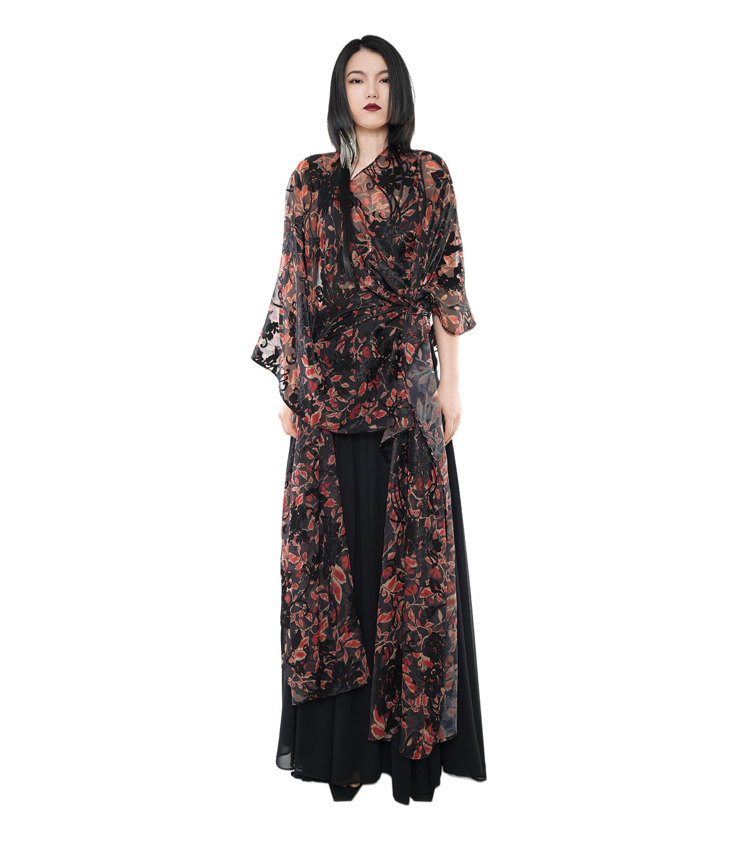 Dark Floral Sheer Organza Kimono Wrap Top / 5042309