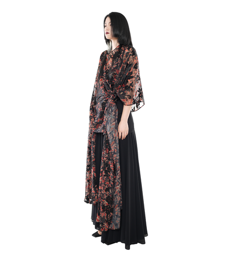 Dark Floral Sheer Organza Kimono Wrap Top / 5042309