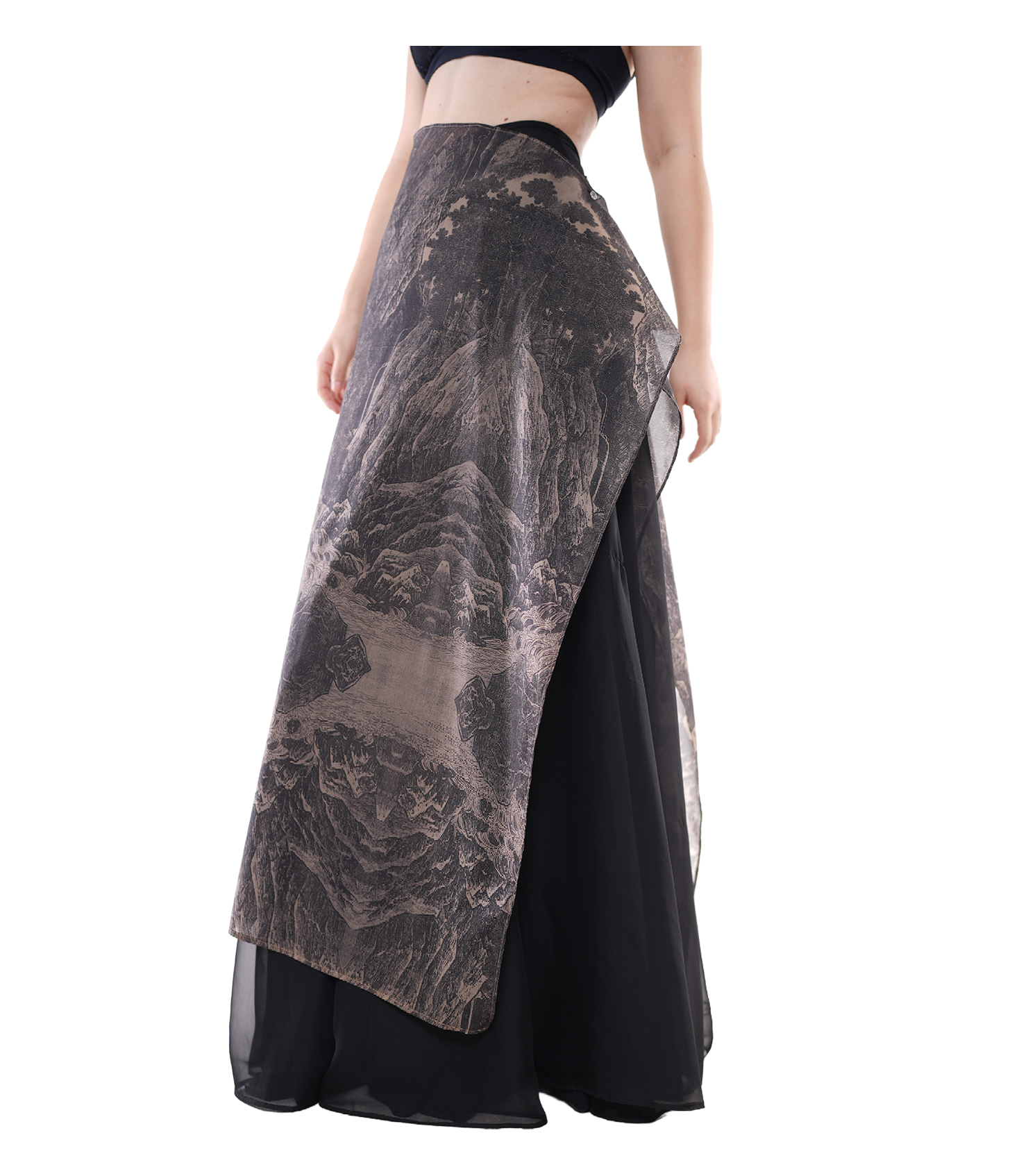 Shanshui Ink-Print Organza Wrap Maxi Skirt / 5071207