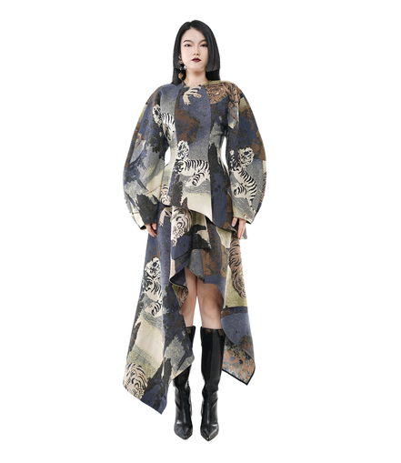 Tiger Chinese Embroidery Asymmetric Draped Skirt / 5091302