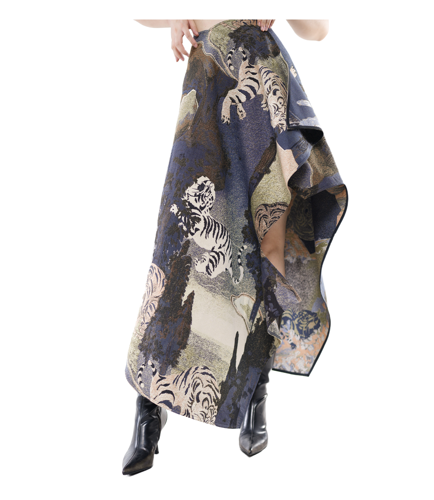Tiger Chinese Embroidery Asymmetric Draped Skirt / 5091302