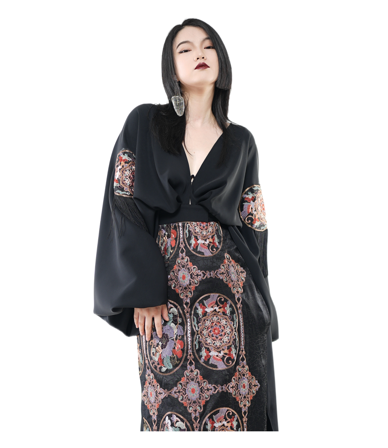 Dragon Court Embroidered Fringe Wrap Top / 5091305