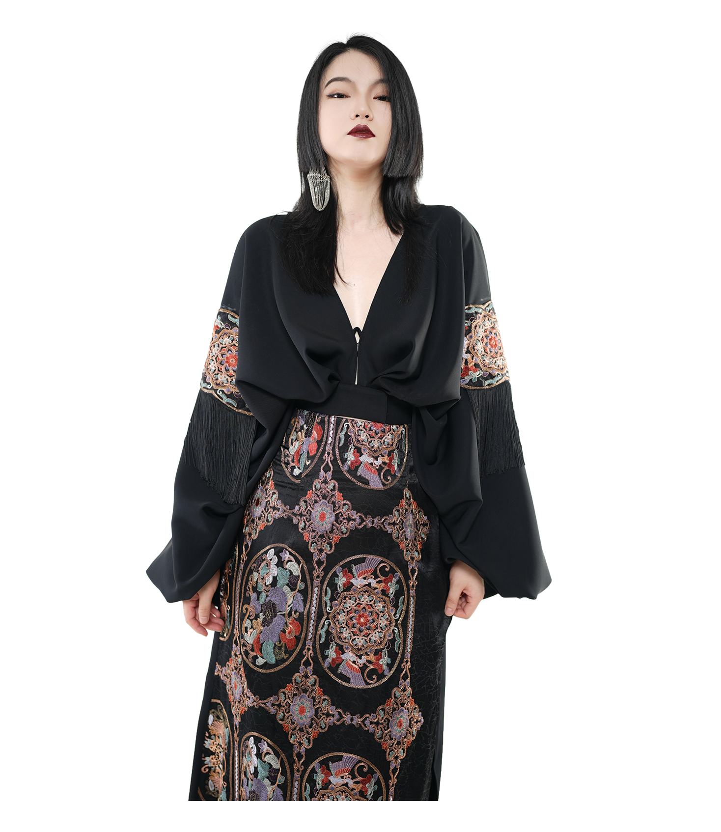 Dragon Court Embroidered Fringe Wrap Top / 5091305