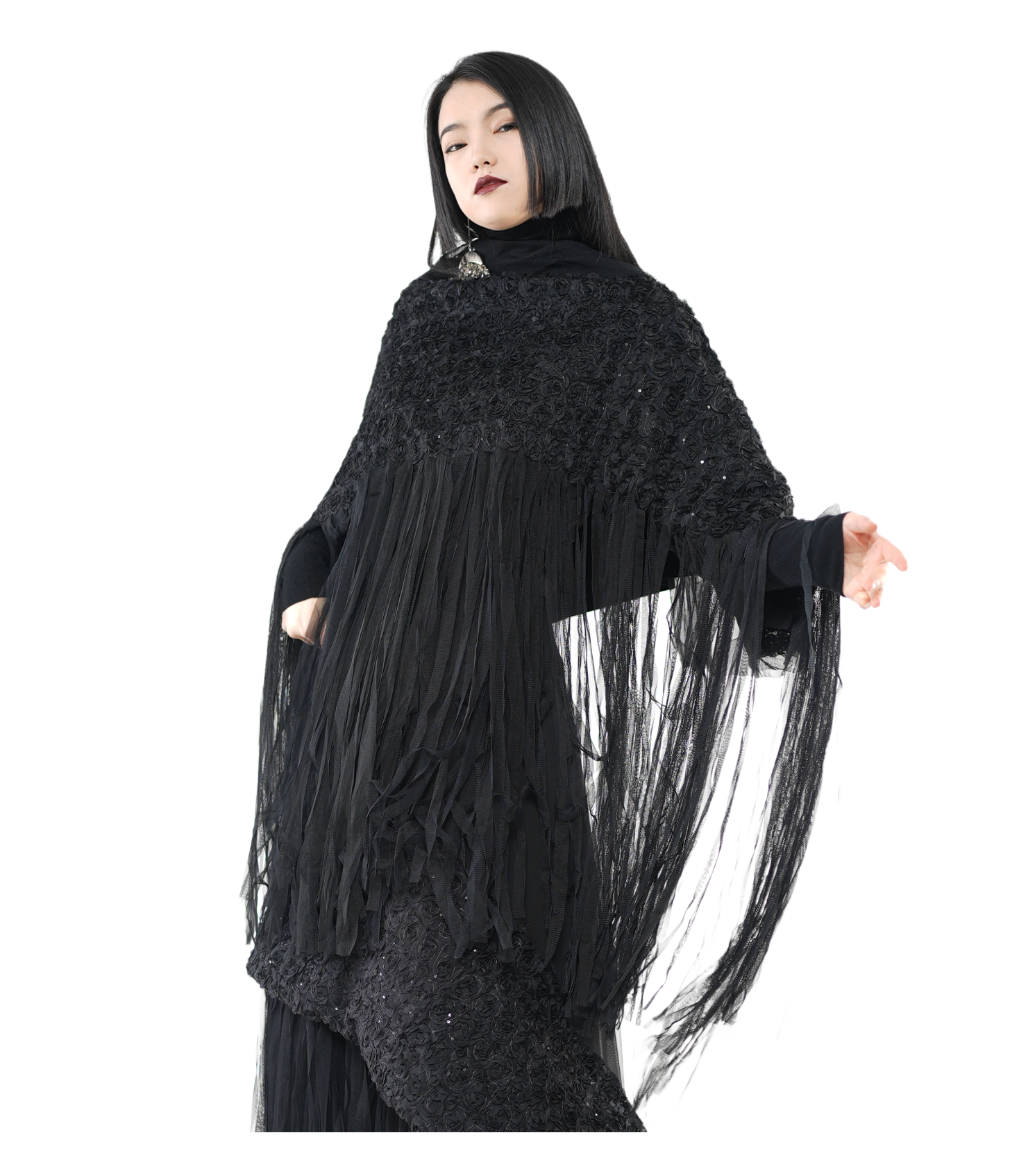 Abyss Sequin Lace Fringe Shawl / 5122003