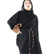 Asymmetric Batwing Turtleneck with Suede Contrast Trim / 6011003