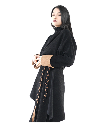 Asymmetric Batwing Turtleneck with Suede Contrast Trim / 6011003