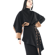 Asymmetric Batwing Turtleneck with Suede Contrast Trim / 6011003