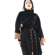 Asymmetric Batwing Turtleneck with Suede Contrast Trim / 6011003