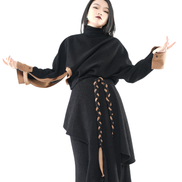 Asymmetric Batwing Turtleneck with Suede Contrast Trim / 6011003