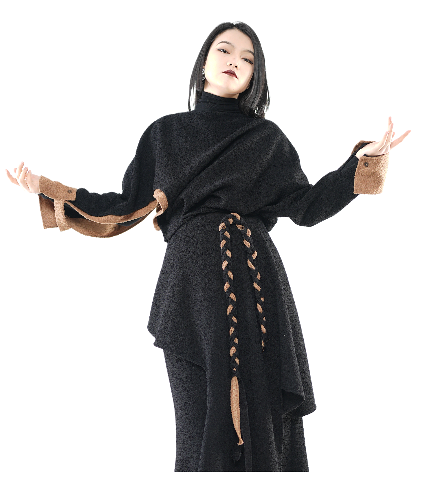 Asymmetric Batwing Turtleneck with Suede Contrast Trim / 6011003
